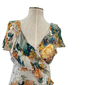 Anthropologie V-Neck Ruffle Lace Slip‎ Dress Floral White Multicolor Size US 4 thumbnail 4