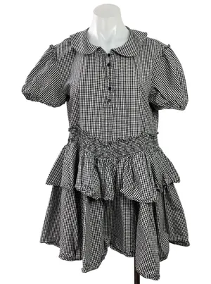Urban Outfitters Claire Black Gingham Check Short Sleeve Babydoll Mini Dress M thumbnail 1