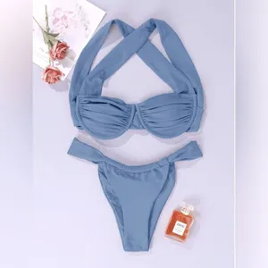NWT Hilinker Blue Ruched Bikini Criss Cross Back High Cut Swimsuit Set Sz M thumbnail 2