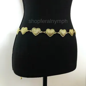 Vintage Y2K Boho Gold Textured Heart Chain Belt, Fits 22.5–40 Inches, X7GA1173 thumbnail 3