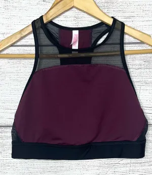 VS PINK Burgundy Crop Top Sports Bra Unlined Racerback Spell Out Logo Size Large thumbnail 1