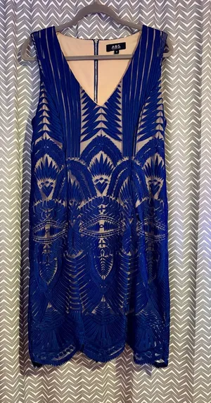 ABS by Allen Schwartz | Blue Art Deco Cocktail Dress, size 10 thumbnail 1