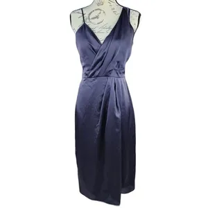 Banana‎ Republic -738 Faux Wrap Slip Dress Asymmetrical shoulder Black Satin 4 thumbnail 3