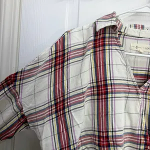 Lou & Grey LOFT red plaid crossover‎ high low cropped collared casual shirt XS thumbnail 3