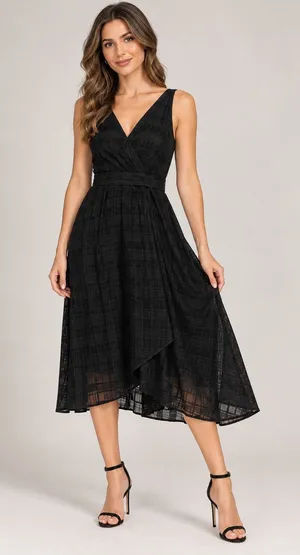 NWT DKNY Womens Black Printed Evening Fit Flare Dress Faux Wrap Asymetrical 2 thumbnail 1