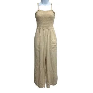 Universal Thread Women's XS Smocked Linen Maxi Jumpsuit Beige‎ Boho Lagenlook thumbnail 4