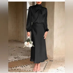 NEW Black Mock Neck Satin Maxi Dress Elegant Long Sleeve XL thumbnail 2