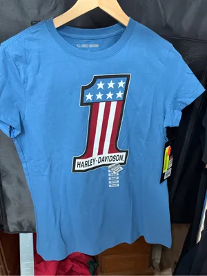 NWT Harley-Davidson Light Blue Tee with Stars & Stripes Number 1 size small thumbnail 1