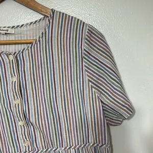 Madewell Striped Crewneck Button-Front Tiered Mini Dress Size M Spring Easter thumbnail 3