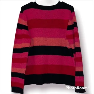St John’s Bay large womens sweater pullover striped v-neck wool blend stretchy thumbnail 2