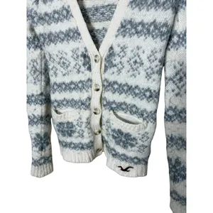 Hollister Y2K Fair Isle Knit Cardigan Sweater Cream Grey Size S thumbnail 2