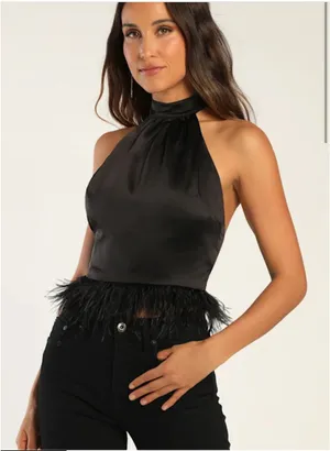 Halter Satin Top with Feather Trim thumbnail 1