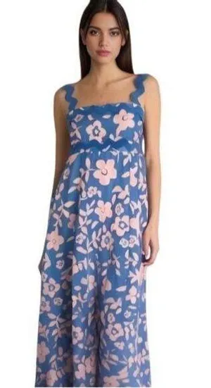 Romantic Boho Blue Pink Floral Maxi Dress M Ruffle Hem Scallop Straps Festival thumbnail 1