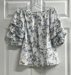 CeCe White Floral Eyelet Off Shoulder Ruffle Puff Sleeve Blouse - Medium - EUC thumbnail 1