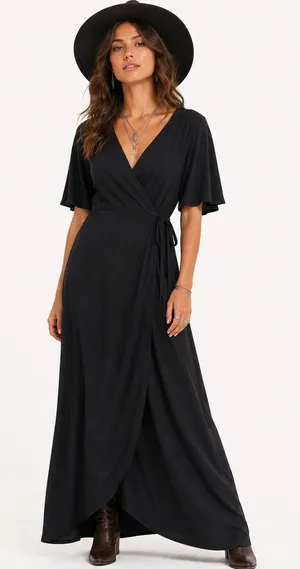 NWT Old Navy Wrap Solid Maxi Dress Black Boho Flutter Sleeve Size M thumbnail 1