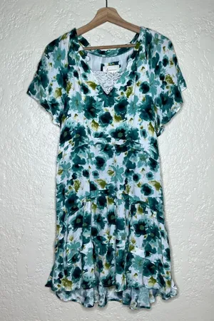By Anthropologie Robin Tiered Mini Dress Teal Green Floral V-Neck Lace‎ Trim M thumbnail 1