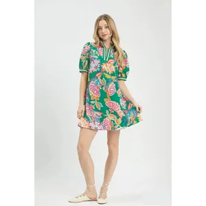 Umgee Jacquard Paisley Print Puff Sleeve Tunic Dress - Emerald Mix - Small thumbnail 4