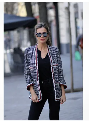 ZARA Black and White Tweed Jacket Blazer Sz L thumbnail 3