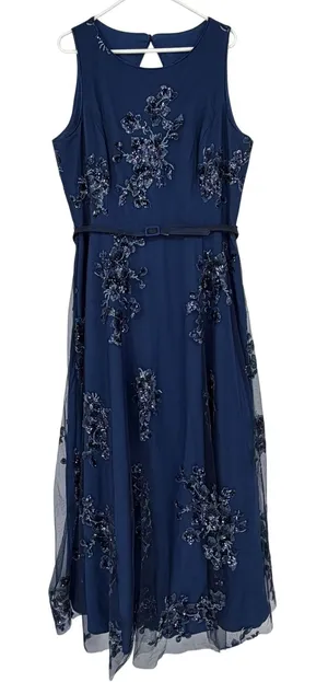 Eliza J Size 18 Navy Blue Embroidered Sequin Mesh Maxi Gown Formal Dress thumbnail 1