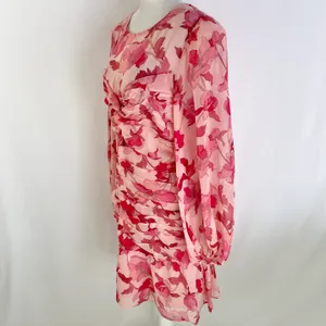 New Floral Print Twist Keyhole Front Long Sleeve Dress Pink Size XL thumbnail 10