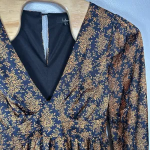 Lulus Floral Long Sleeve Satin V-neck Midi Dress Womens Size XL Navy Blue Orange thumbnail 3