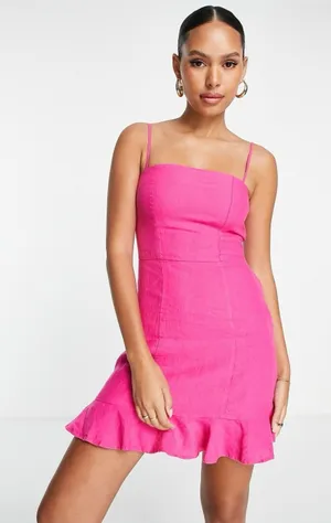 NWT Elodie Hot Pink Linen Blend Mini Dress Size Small Square Neck Adjustable thumbnail 1