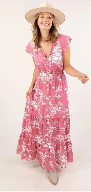 Sunday‎ Up Tiered Maxi Dress Sz M Pink Floral Boho Cottage Resortwear Vacation thumbnail 1