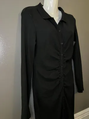 Zara Shirt Dress Womens Large Black Ruched Button Front Collared Knit Midi thumbnail 4