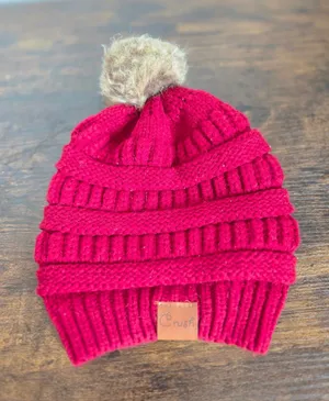 Crush Berry Red Stretchy Knit Beanie Hat Pom Pom Winter Cozy Warm thumbnail 1