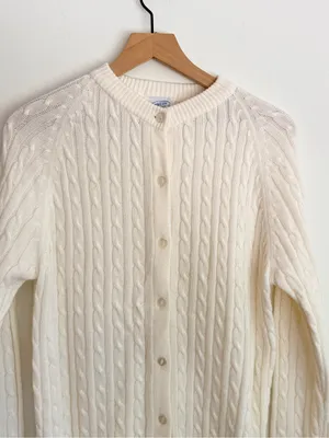 Northern Isles Cable Knit Cardigan Sweater 1980s Ivory Crewneck Button 40 (M) thumbnail 3