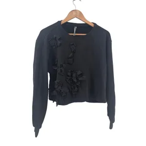 Anthropologie Sweatshirt Women S 3D Floral Applique Black Beaded Cropped EUC thumbnail 7