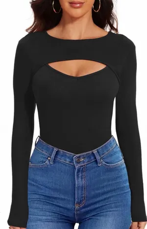 NEW Black Ribbed Bodysuit Ribbed Cut Out Long Sleeve L thumbnail 1