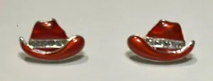 3/$20 Cute Red Cowboy Hat Rhinestone Gold Plated Stud Earrings Country Vintage thumbnail 1