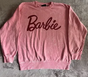 Barbie Pink Acid Wash Glitter Logo Crewneck Sweatshirt Womens Medium thumbnail 1