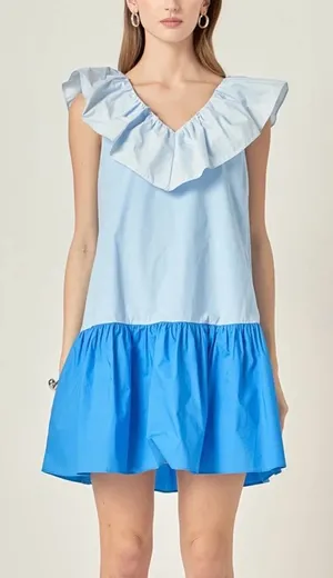 ENGLISH FACTORY colorblock Ruffled sleeveless blue Shift mini Dress size M thumbnail 1