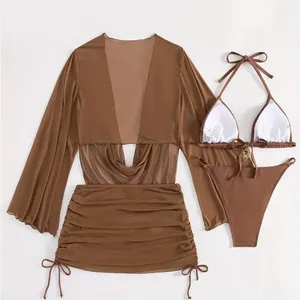 Coffee Brown 3-Piece Swimsuit Set – Bikini & Sheer Ruched Cover Up thumbnail 2