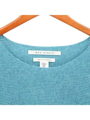 Max Studio 100% 2 Ply Cashmere Rounded Hem Knit Blue Pullover Sweater M thumbnail 3