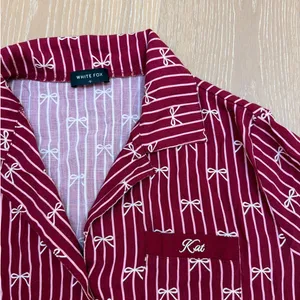 White Fox Shorts Pajamas Bow Print Personalized "Kat" Size S Burgundy Red thumbnail 4