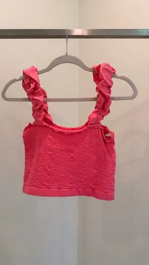 Anthropologie Pink Cropped Knit Tank Top Square Neck Ruffle Straps Size S thumbnail 3