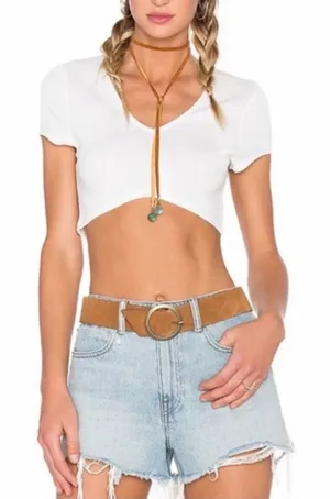 Show Me Your Mumu Miami V-Neck Stretch Crepe Crop Top in Bone‎ Size Medium thumbnail 1