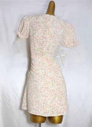 Kiss the Sky Pink/Green Puff Sleeve V-neck Mini Dress w/ Slit thumbnail 5