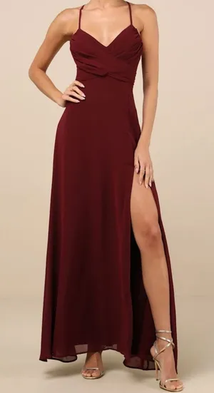 NEW Lulus Event Ready Burgundy Pleated Backless Lace-Up Sweeping Maxi Dress thumbnail 1