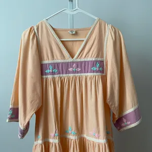 Vintage Cotton Boho Fairy Peasant‎ Embroidered Tiered Maxi Dress Small Peach thumbnail 2