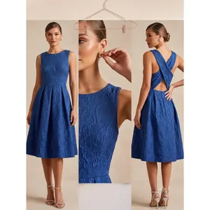 Eva Franco Cocktail Dress Womens 4 Blue Jacquard Criss Cross Back Fit &‎ Flare thumbnail 2