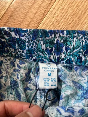 Primark Boho Coastal Wide Leg Pants Medium Blue Tile Print Vacation 100% Cotton Beachy thumbnail 3