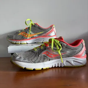 Saucony Womens Running Shoes Grey Coral Neon Yellow Mesh Sneakers 15168-1 Size 9 thumbnail 2