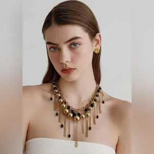 Gold-Tone Black Beaded Fringe Bib Statement Necklace – Chunky Chain thumbnail 2