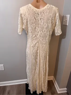 Starina Cream Lace Overlay Dress Large Floral Pleated Bridal Vintage Bohemian thumbnail 4