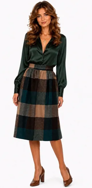 Vintage ‘80s Shelly’s Tall American Beauty Brown & Teal Wool A-Line Midi Skirt thumbnail 1