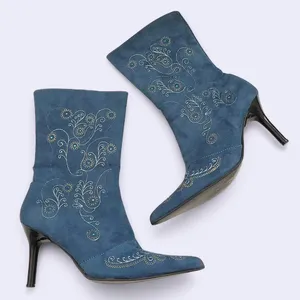 RARE Blue western country boho fabric suede ankle boots floral embroidered pointed toe stiletto heels thumbnail 1